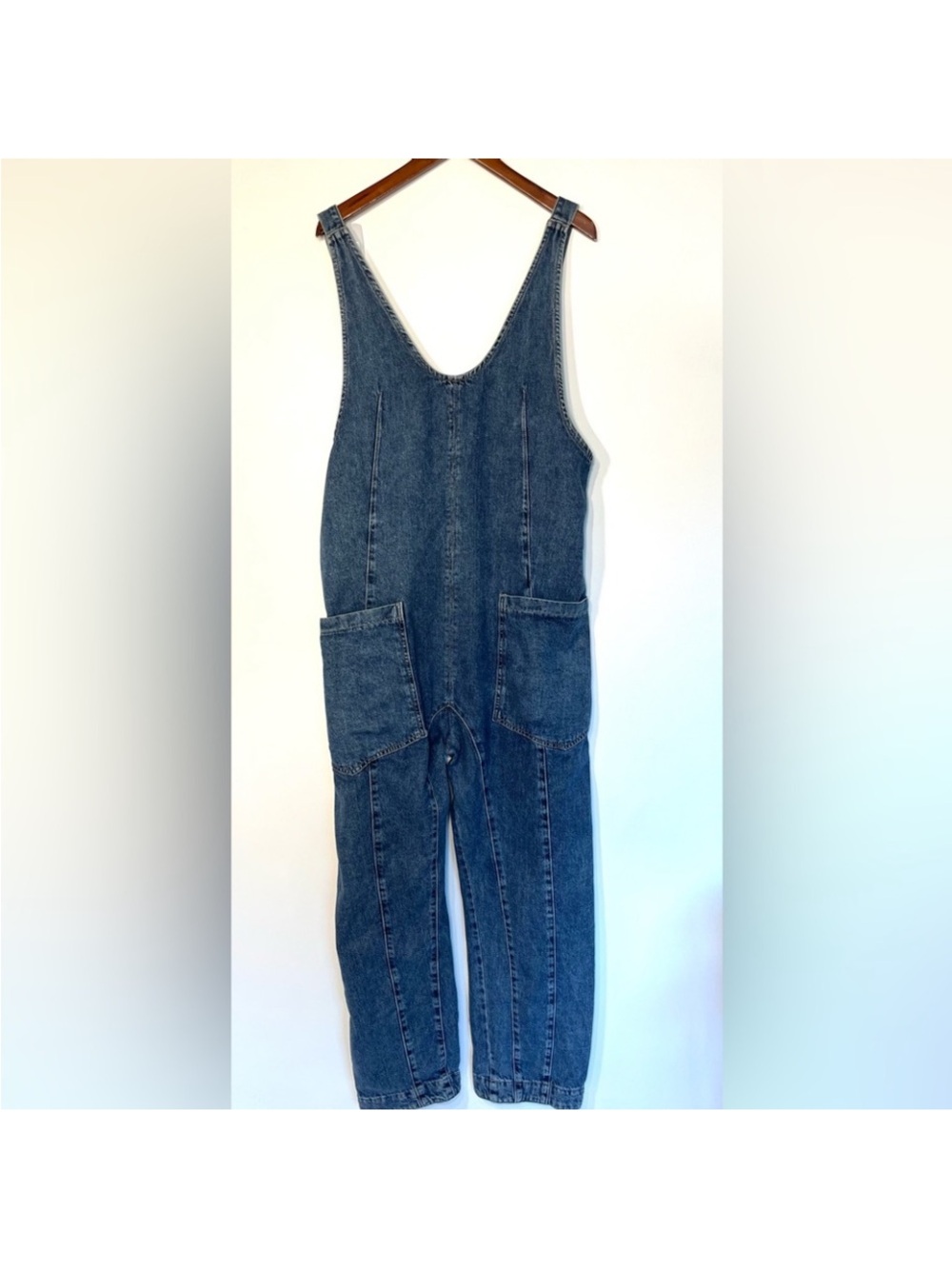 Free People We The Free High Roller denim overalls jumpsuit pockets scoop neck L - Picture 8 of 11